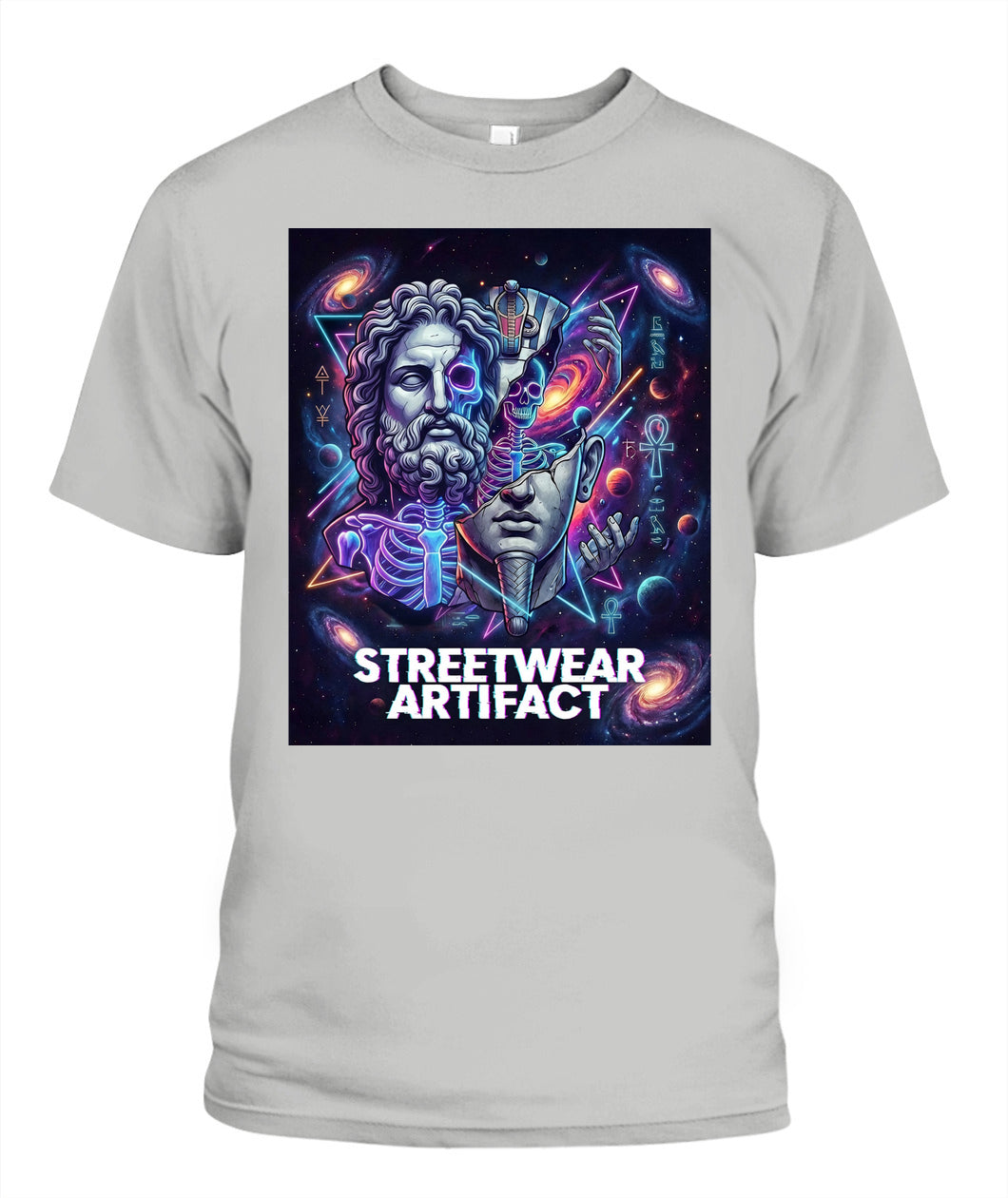 Streetwear Artifact” T-Shirt – Greek Statue x Egyptian Pharaoh Neon Cosmic Art | Unisex Gildan 5000