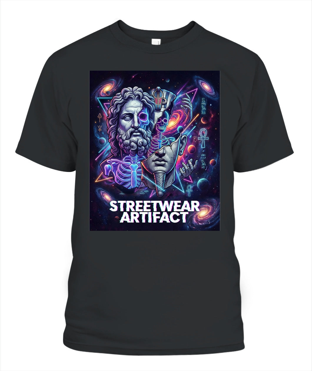 Streetwear Artifact” T-Shirt – Greek Statue x Egyptian Pharaoh Neon Cosmic Art | Unisex Gildan 5000
