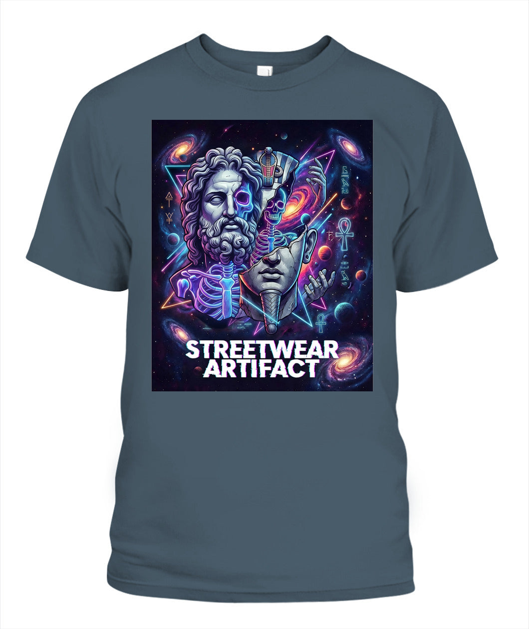 Streetwear Artifact” T-Shirt – Greek Statue x Egyptian Pharaoh Neon Cosmic Art | Unisex Gildan 5000