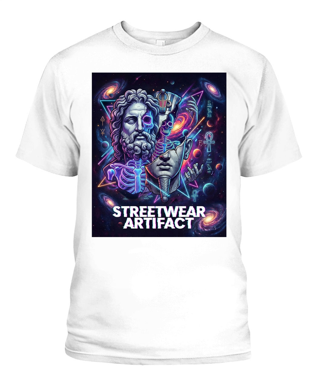 Streetwear Artifact” T-Shirt – Greek Statue x Egyptian Pharaoh Neon Cosmic Art | Unisex Gildan 5000