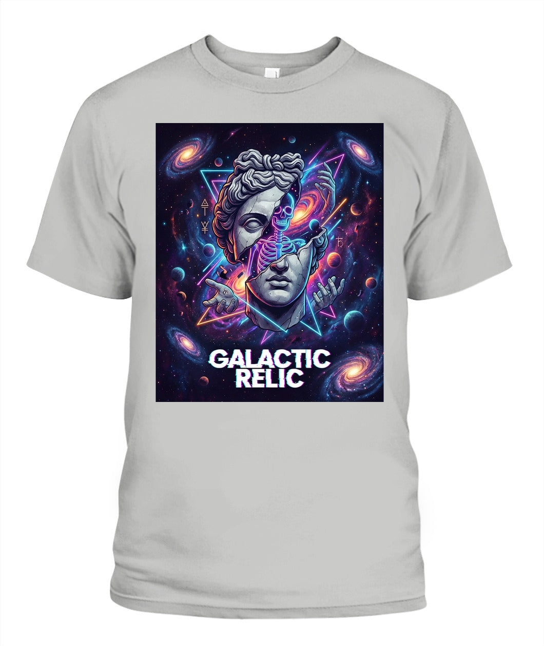 Galactic Relic” Streetwear T-Shirt – Broken Greek Statue x Neon Cosmic Skeleton Art | Unisex Gildan 5000