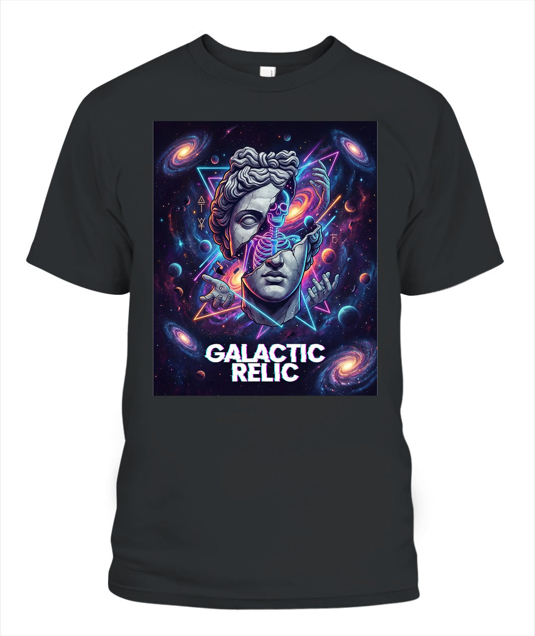 Galactic Relic” Streetwear T-Shirt – Broken Greek Statue x Neon Cosmic Skeleton Art | Unisex Gildan 5000