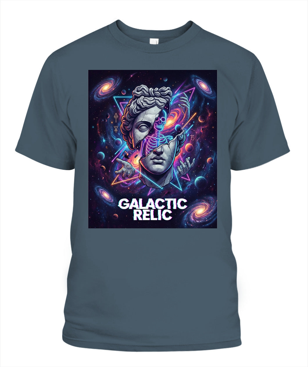 Galactic Relic” Streetwear T-Shirt – Broken Greek Statue x Neon Cosmic Skeleton Art | Unisex Gildan 5000