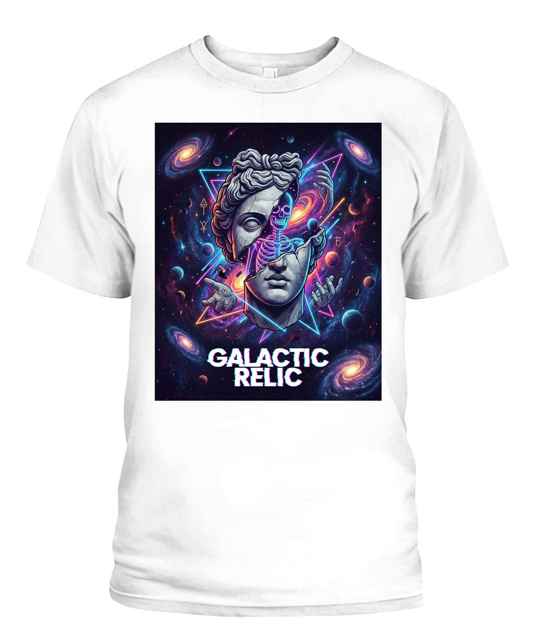 Galactic Relic” Streetwear T-Shirt – Broken Greek Statue x Neon Cosmic Skeleton Art | Unisex Gildan 5000