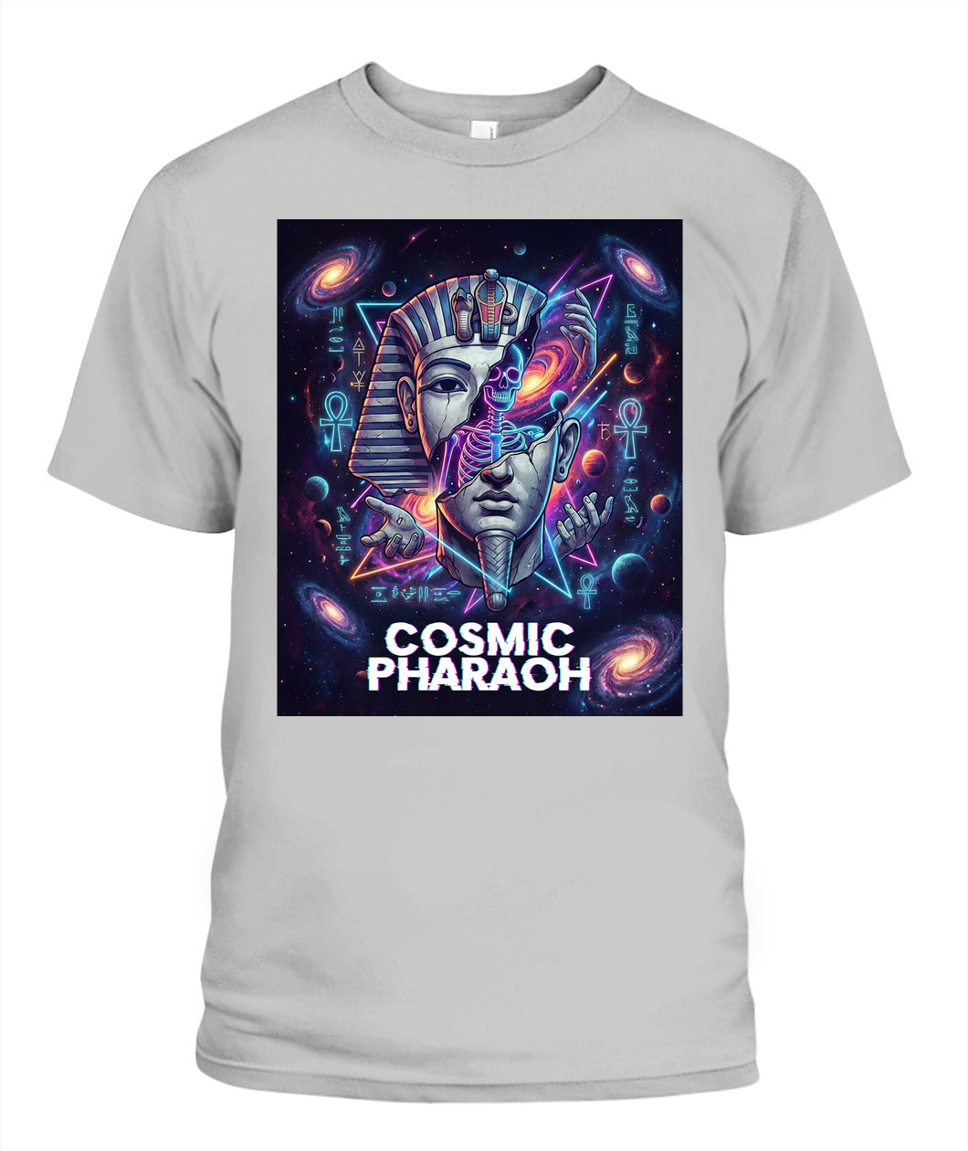 Cosmic Pharaoh” Streetwear T-Shirt – Egyptian Pharaoh x Neon Cosmic Skeleton Art | Unisex Gildan 5000