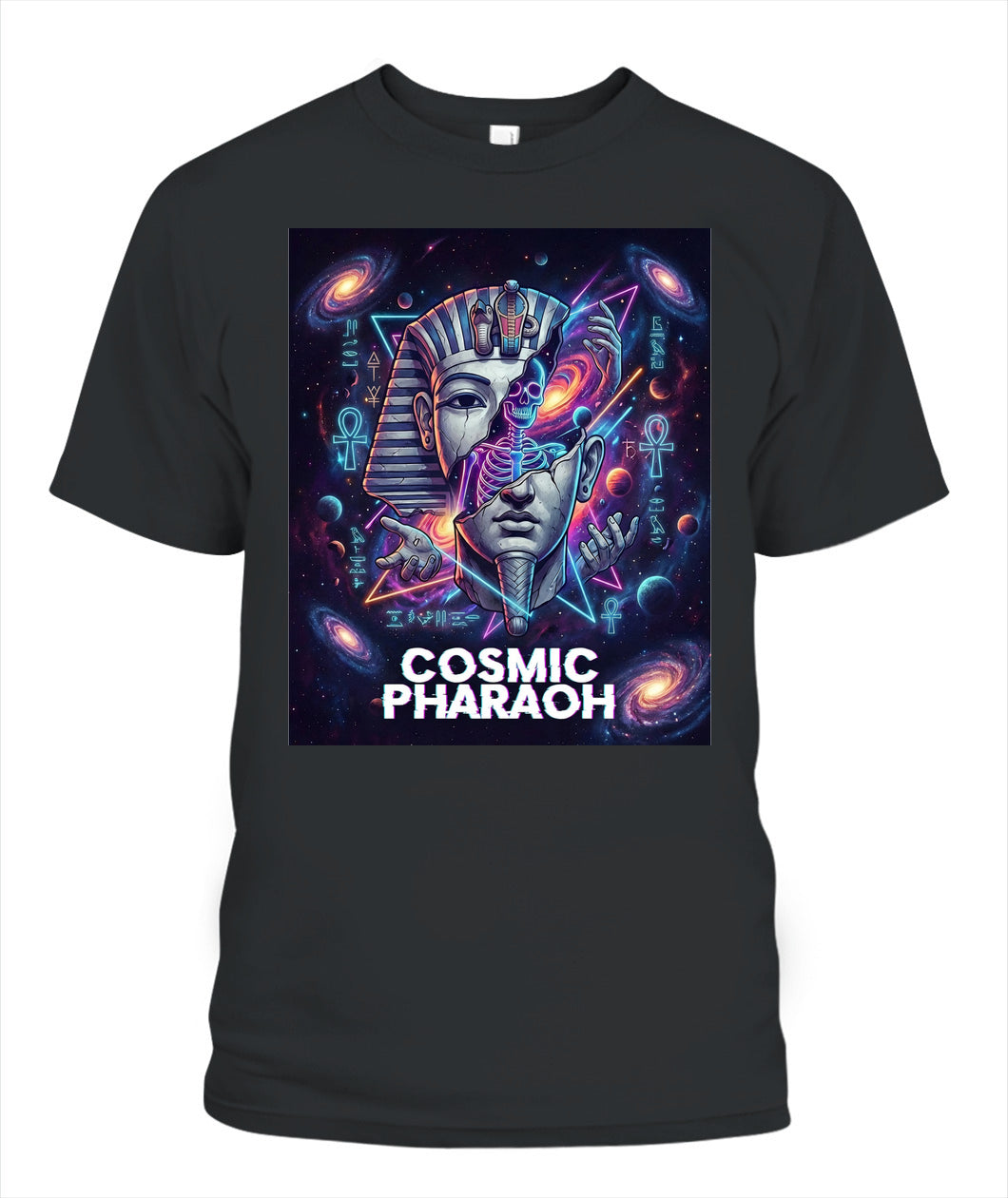 Cosmic Pharaoh” Streetwear T-Shirt – Egyptian Pharaoh x Neon Cosmic Skeleton Art | Unisex Gildan 5000