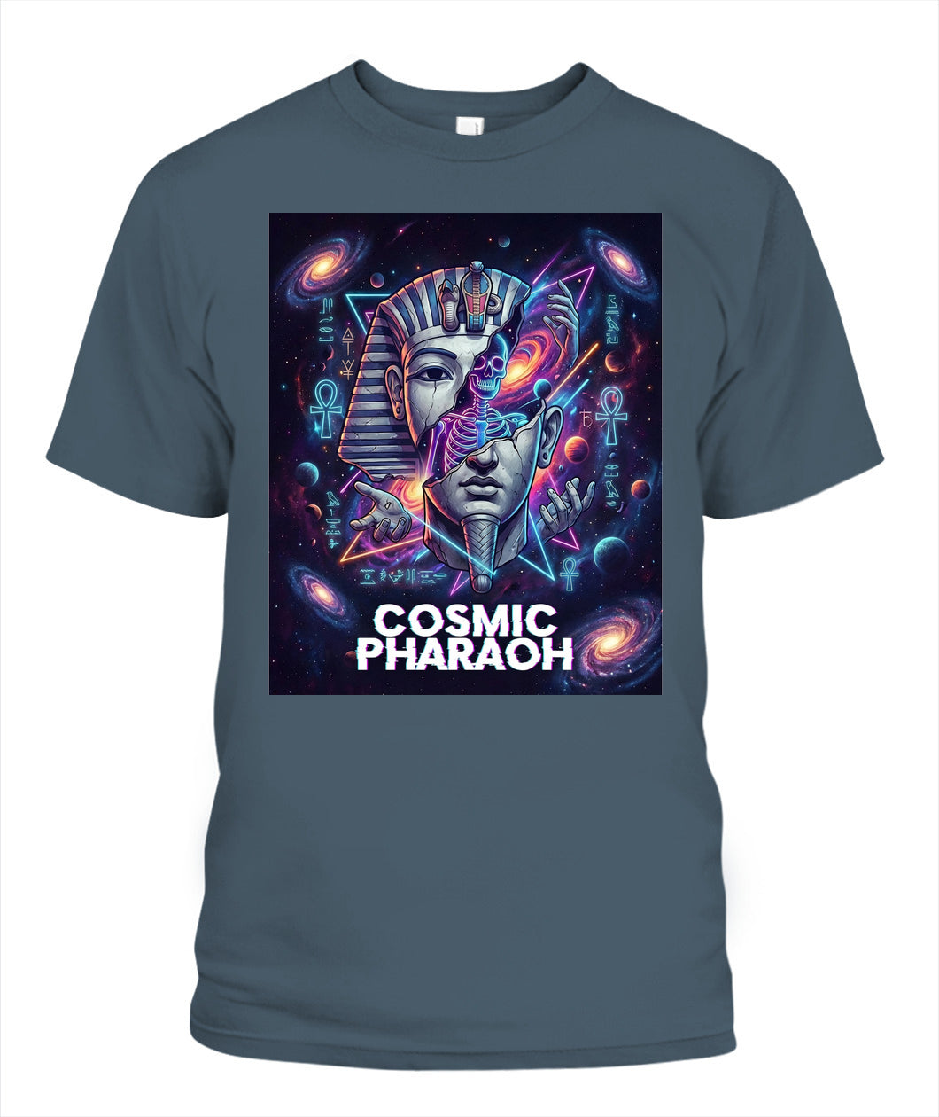 Cosmic Pharaoh” Streetwear T-Shirt – Egyptian Pharaoh x Neon Cosmic Skeleton Art | Unisex Gildan 5000