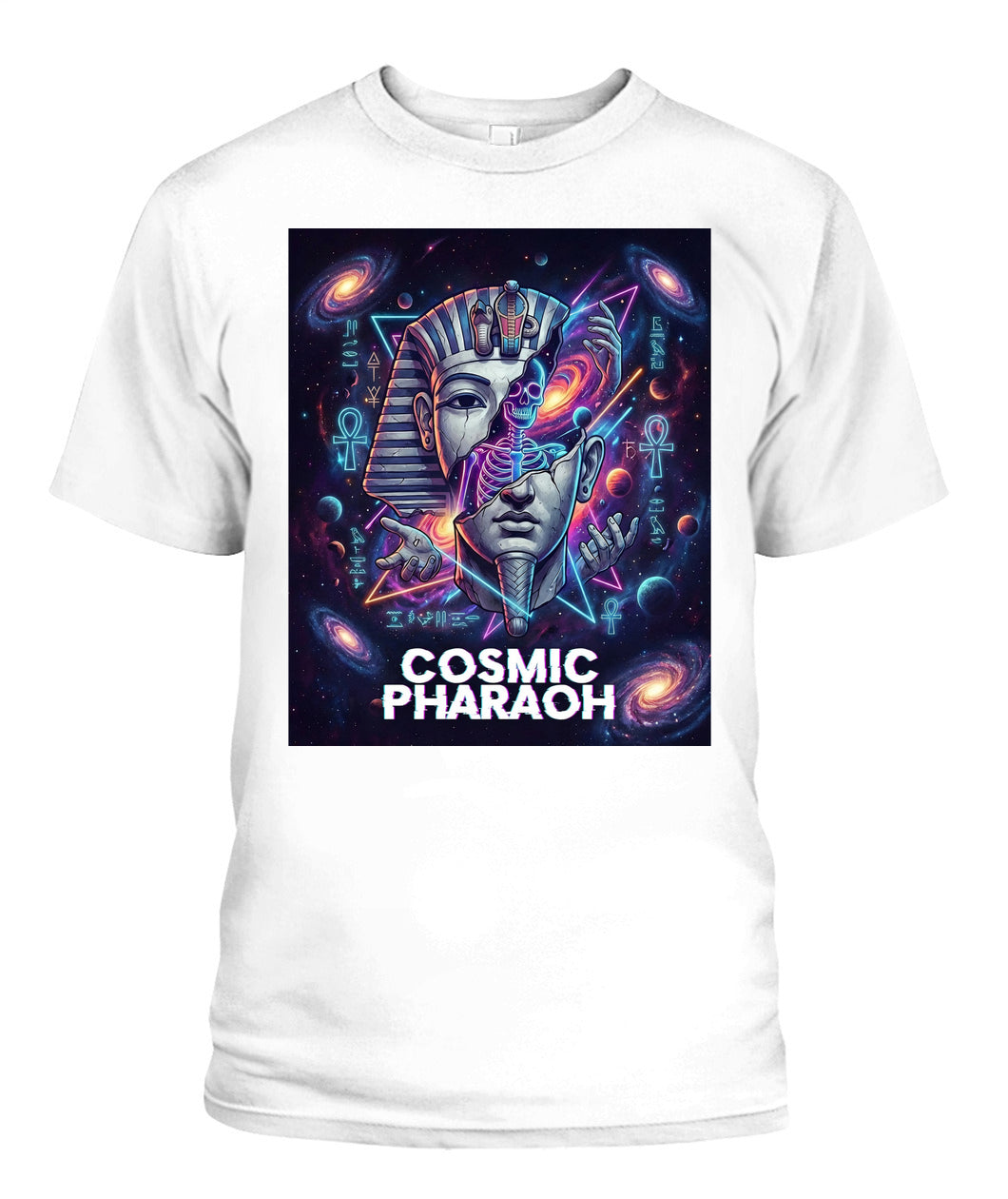 Cosmic Pharaoh” Streetwear T-Shirt – Egyptian Pharaoh x Neon Cosmic Skeleton Art | Unisex Gildan 5000