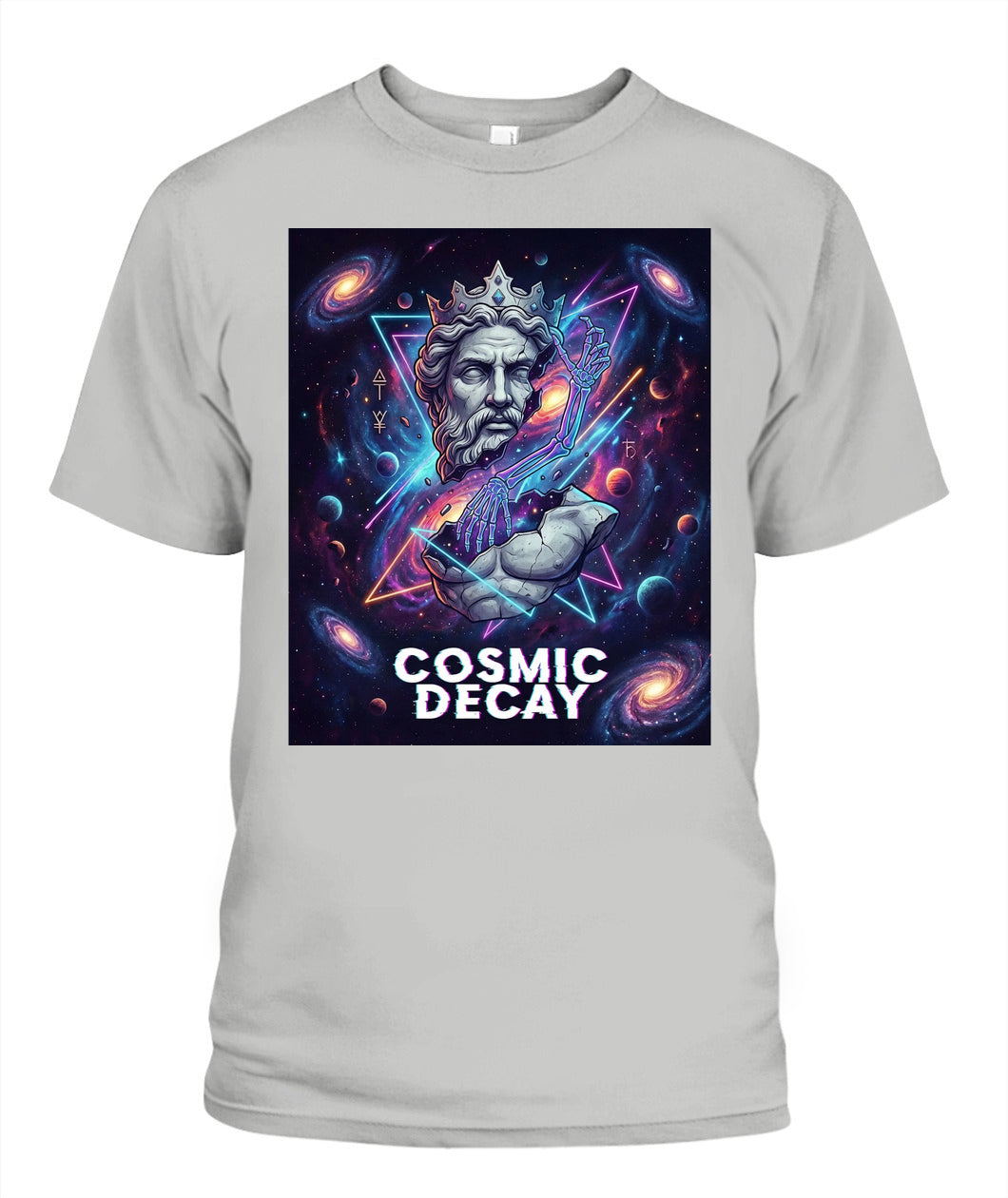 “Cosmic Decay” Streetwear T-Shirt – Unisex Gildan 5000 | Ancient Statue x Neon Cosmic Skeleton Art