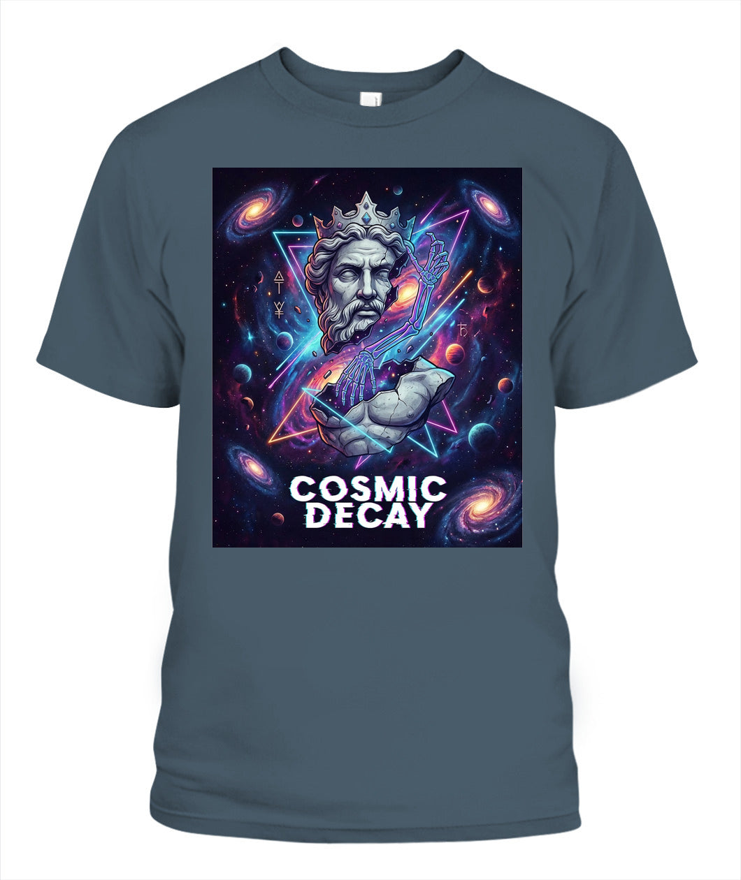 “Cosmic Decay” Streetwear T-Shirt – Unisex Gildan 5000 | Ancient Statue x Neon Cosmic Skeleton Art
